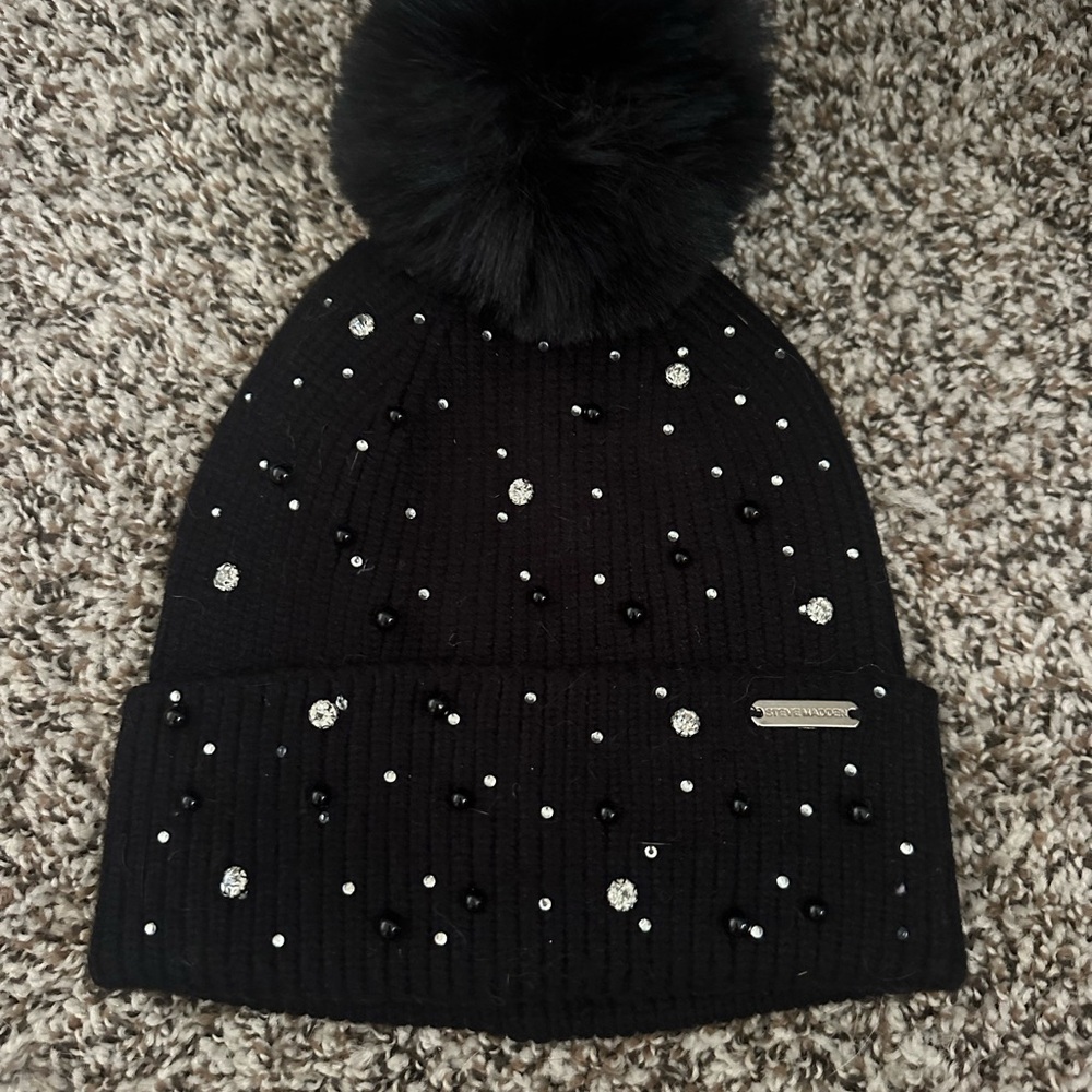 Steve Madden Black Beaded Pom-Pom Beanie